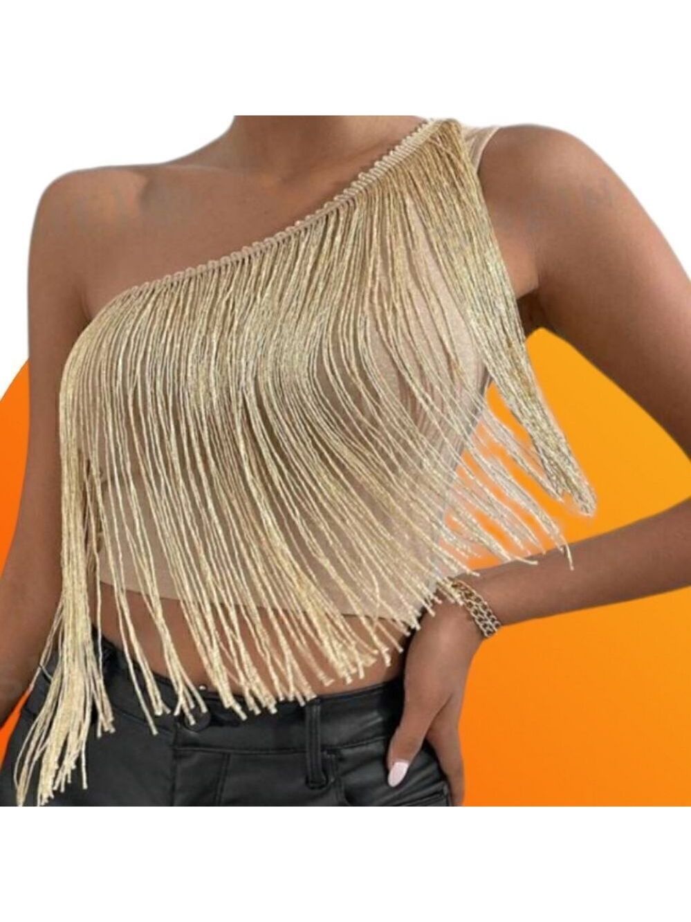 One Shoulder Crop Top With Fringed Trim Gold Tone